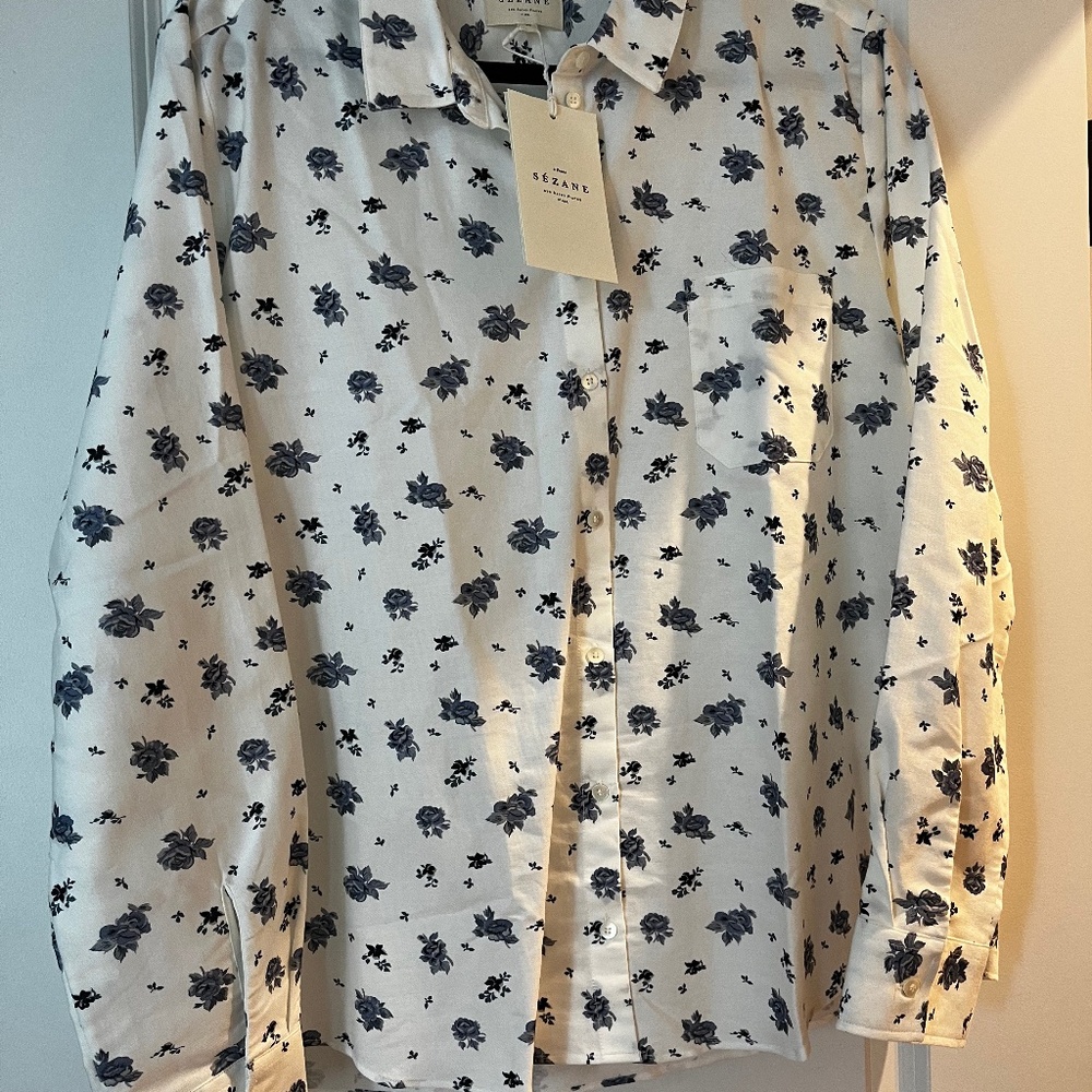 Sezane White and Blue Floral Button Down Shirt